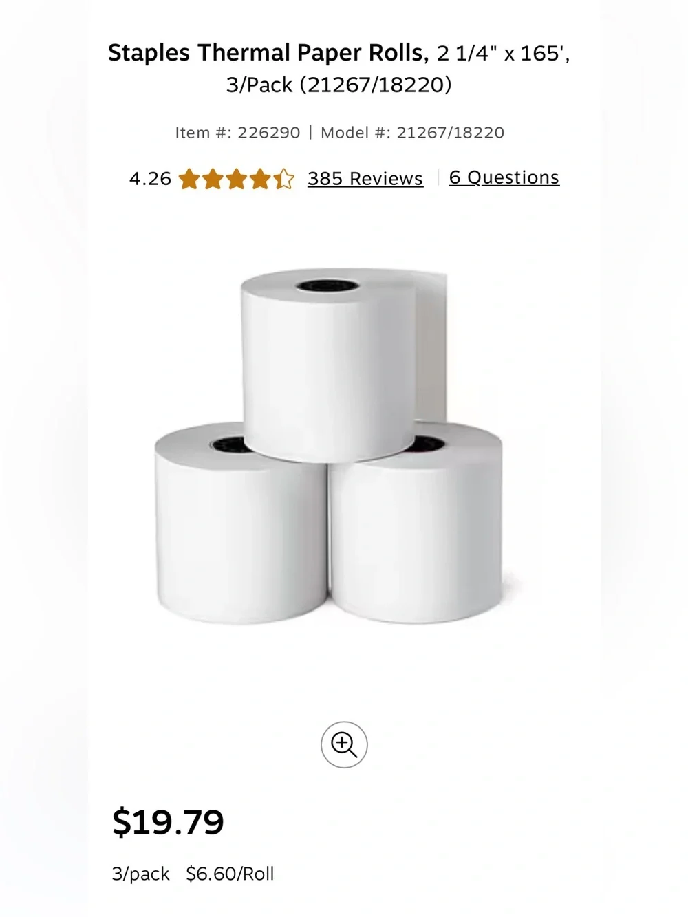 Staples White Thermal Paper Rolls - BPA & BPS Free (3 Pack)